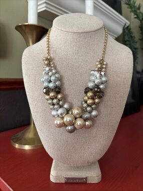 Lia Sophia Gold and Pearl-Tone Beaded Cluster Bib Statement Necklace, see note